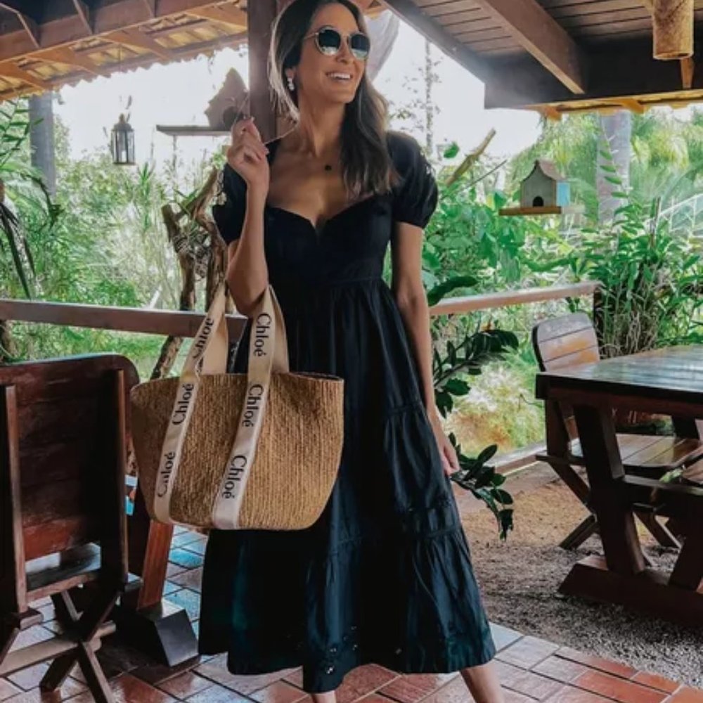 Black Puff-Sleeve Midi Dress - Unbranded